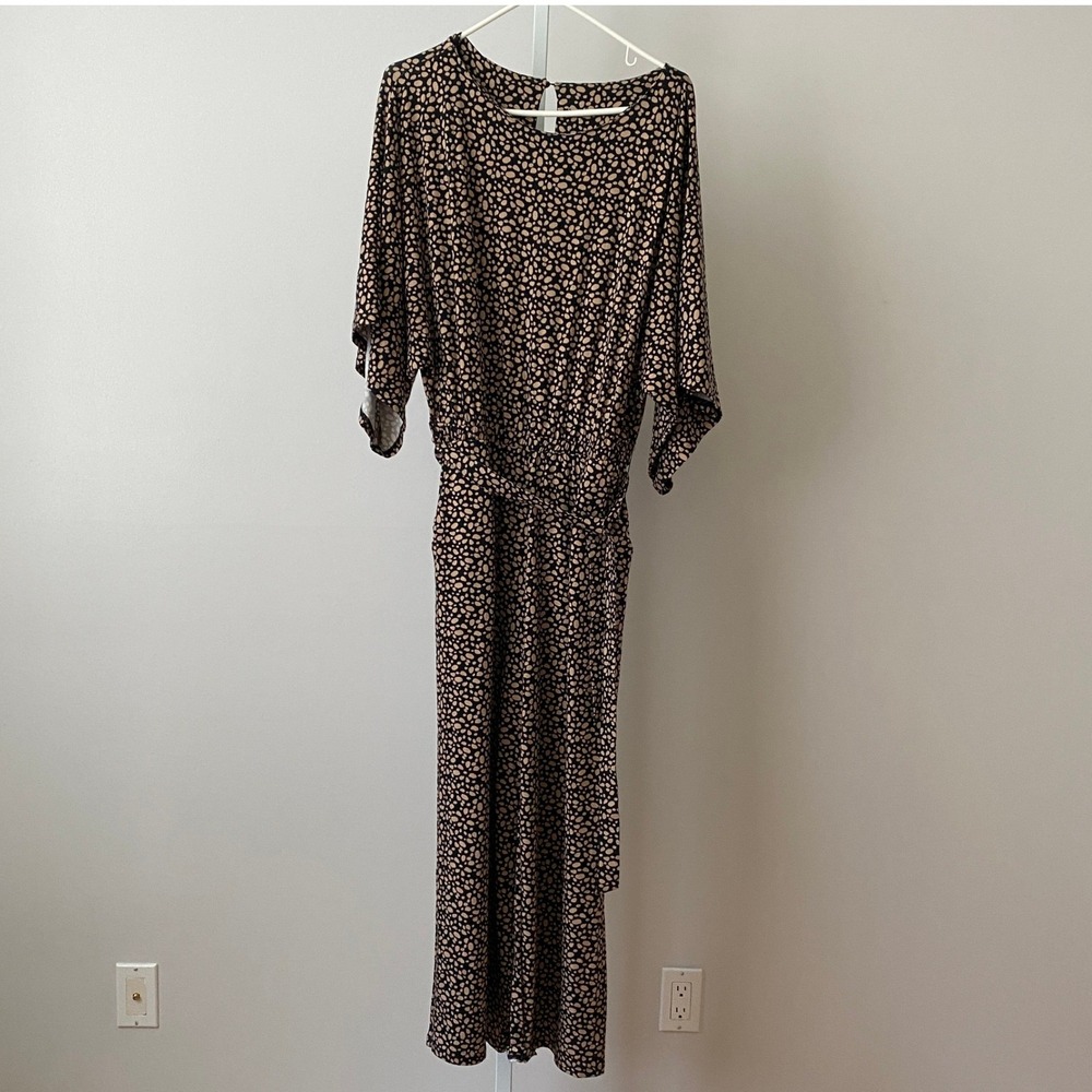 Garnet Hill M Classic‎ Black Tan Polka Dot Jumpsuit Kimono Sleeve Wide Leg Boho